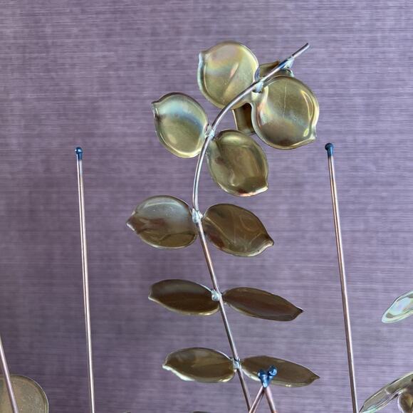 Vintage Metal Leaf Wood Vase Wall Hanging – Gold Eucalyptus Trio – Mid Century - Picture 13 of 14